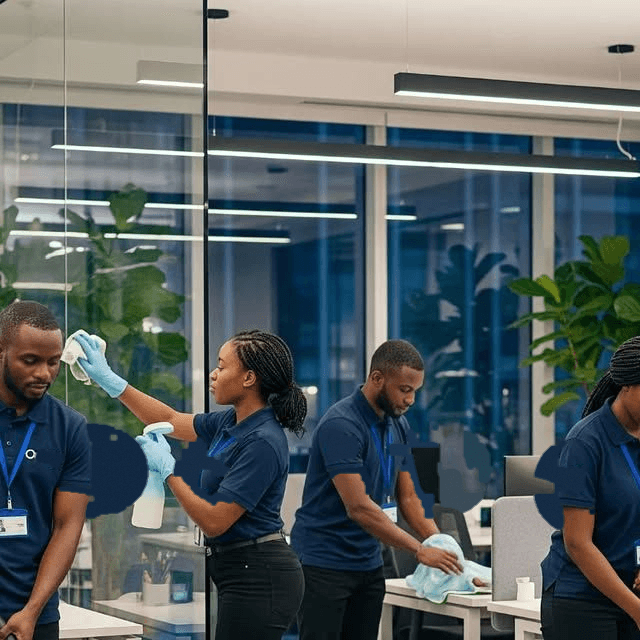 ROSCA cleaning team wiping glass and desks in a modern office
