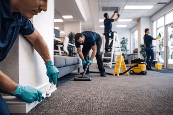 Deep cleaning crew detailing skirting, vacuuming carpets, cleaning vents, and wiping glass in an office